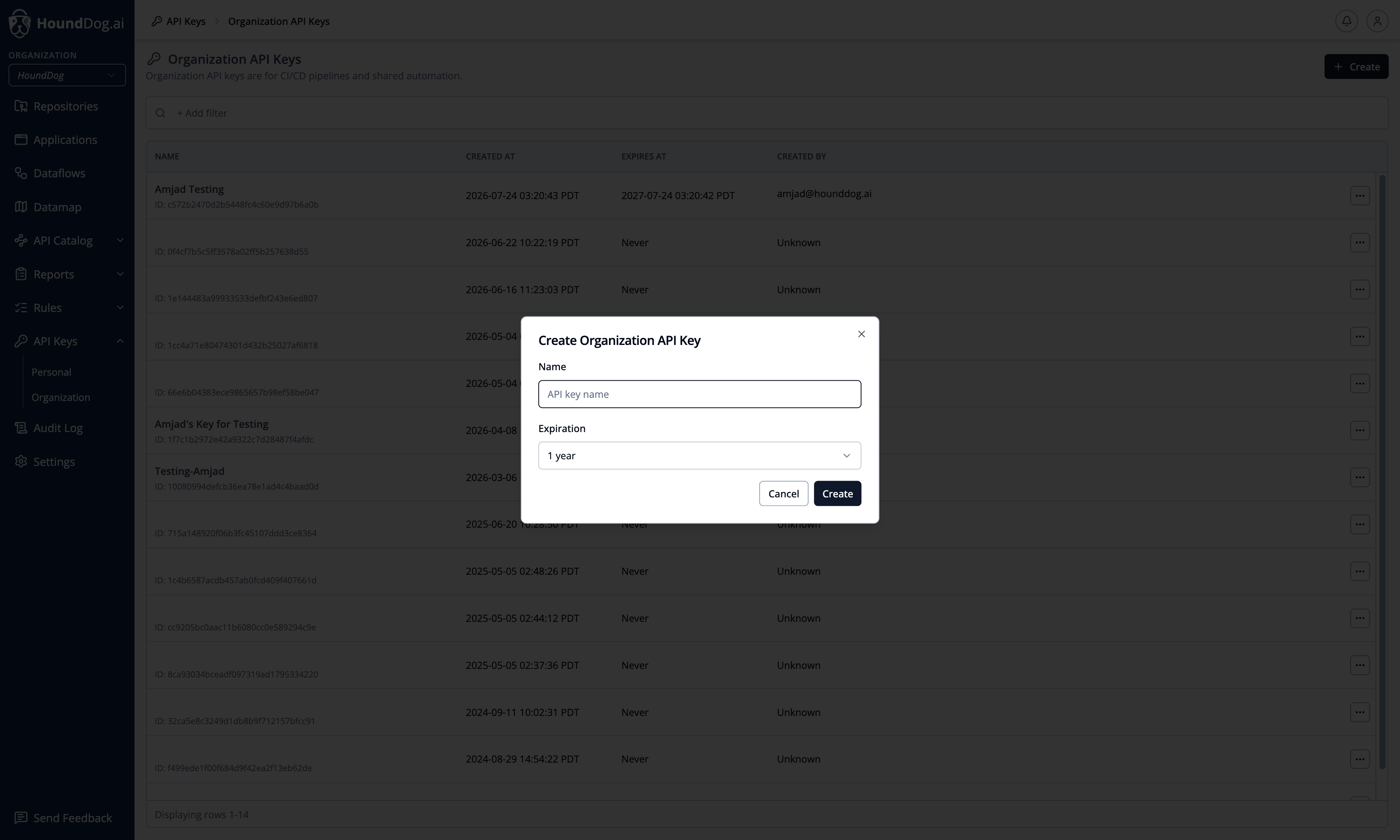 Creating an organization API key with a name and expiration